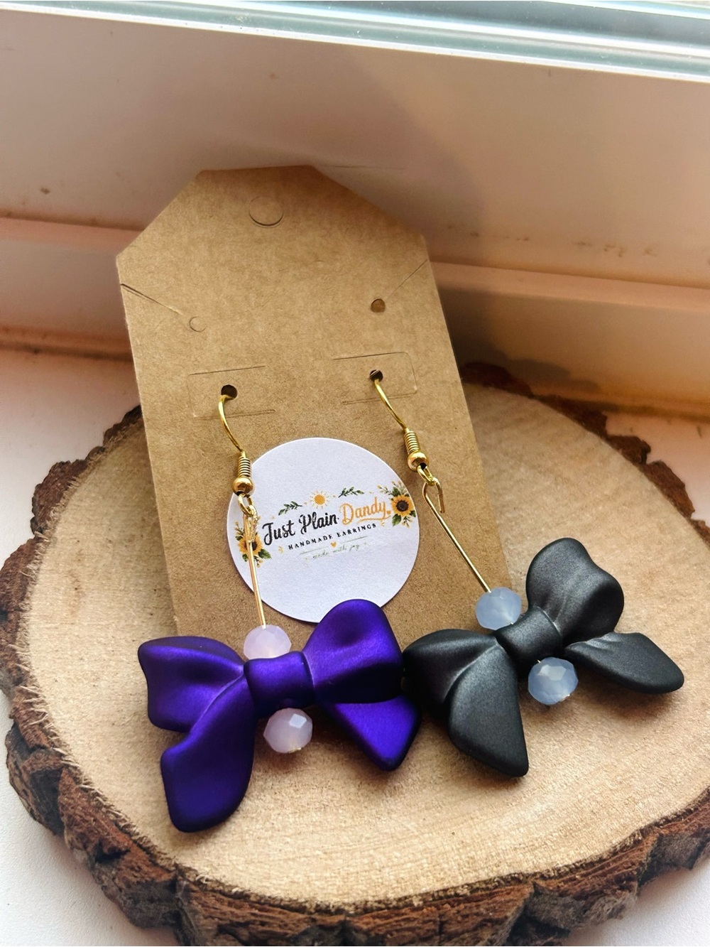 Handmade Purple & Black Bow Dangle Earrings | Cute Statement Jewelry